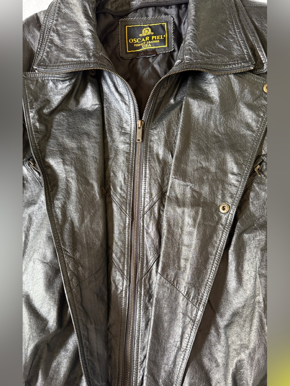 Vintage Oscar Piel Men’s XXL Black Genuine Leather Bomber Jacket 80s 90s - Picture 9 of 13